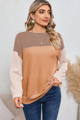 Khaki Color Block Ribbed Loose Long Sleeve Top