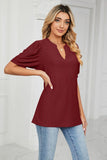 Eyelet Short Puff Sleeve Notched Neck Top - PD SECRET REALM