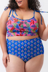 Blue Tropical Print Crop Cami and High Waist Plus Size Bikini Set