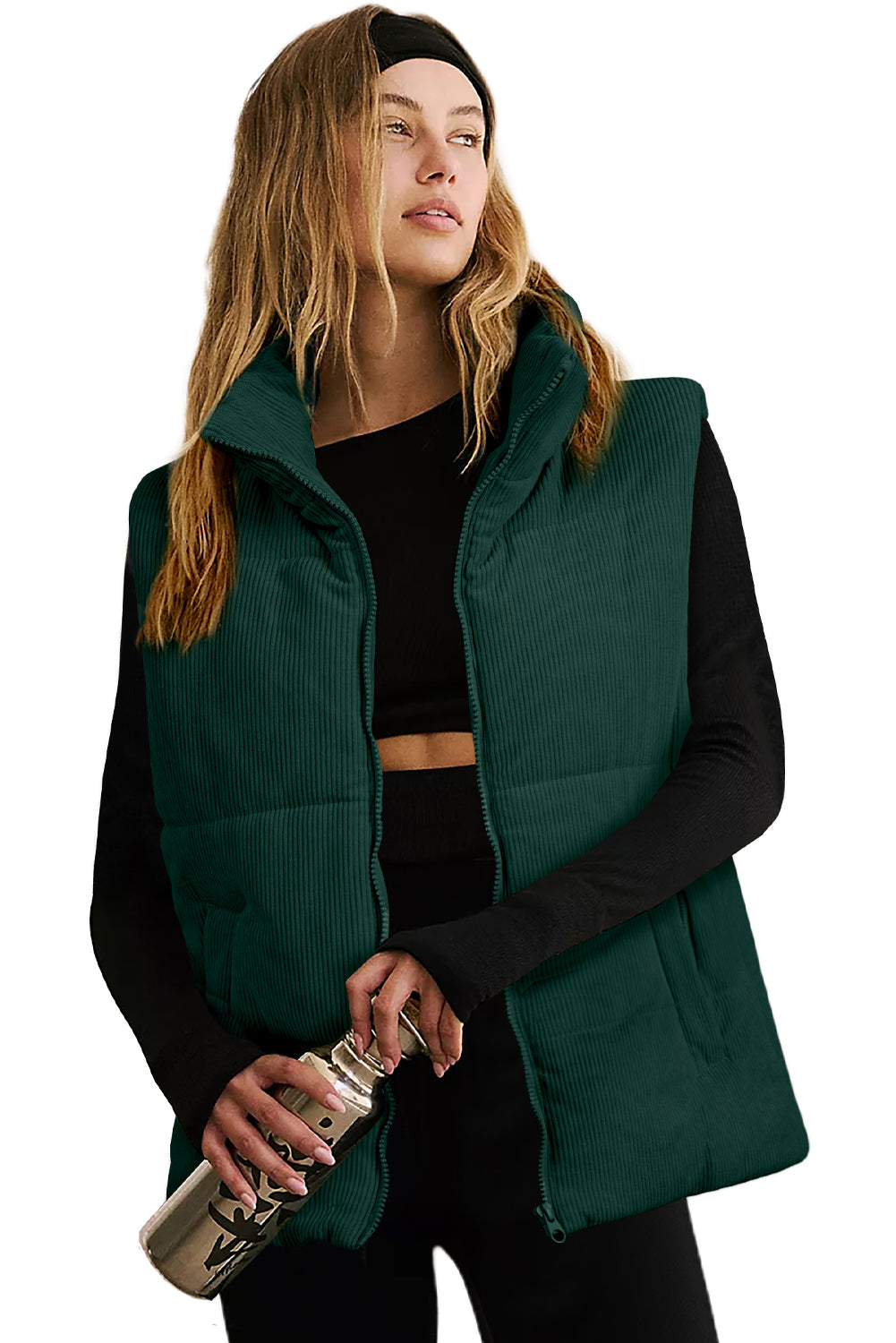 Coffee Solid Color Corduroy Puffer Vest Coat