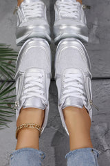 Silvery PU Leather Patchwork Zipper Lace-up Sneakers