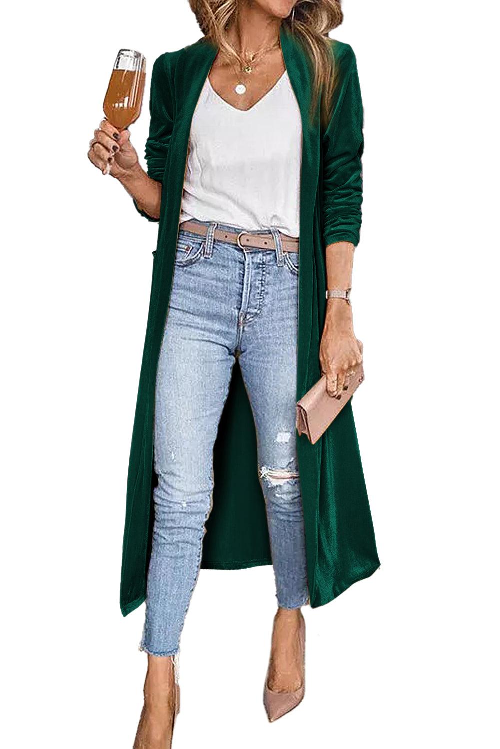 Green Velvet Elegant Pocket Open Front Long Cardigan