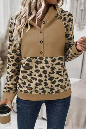 Leopard Half Button Long Sleeve Hoodie - PD SECRET REALM