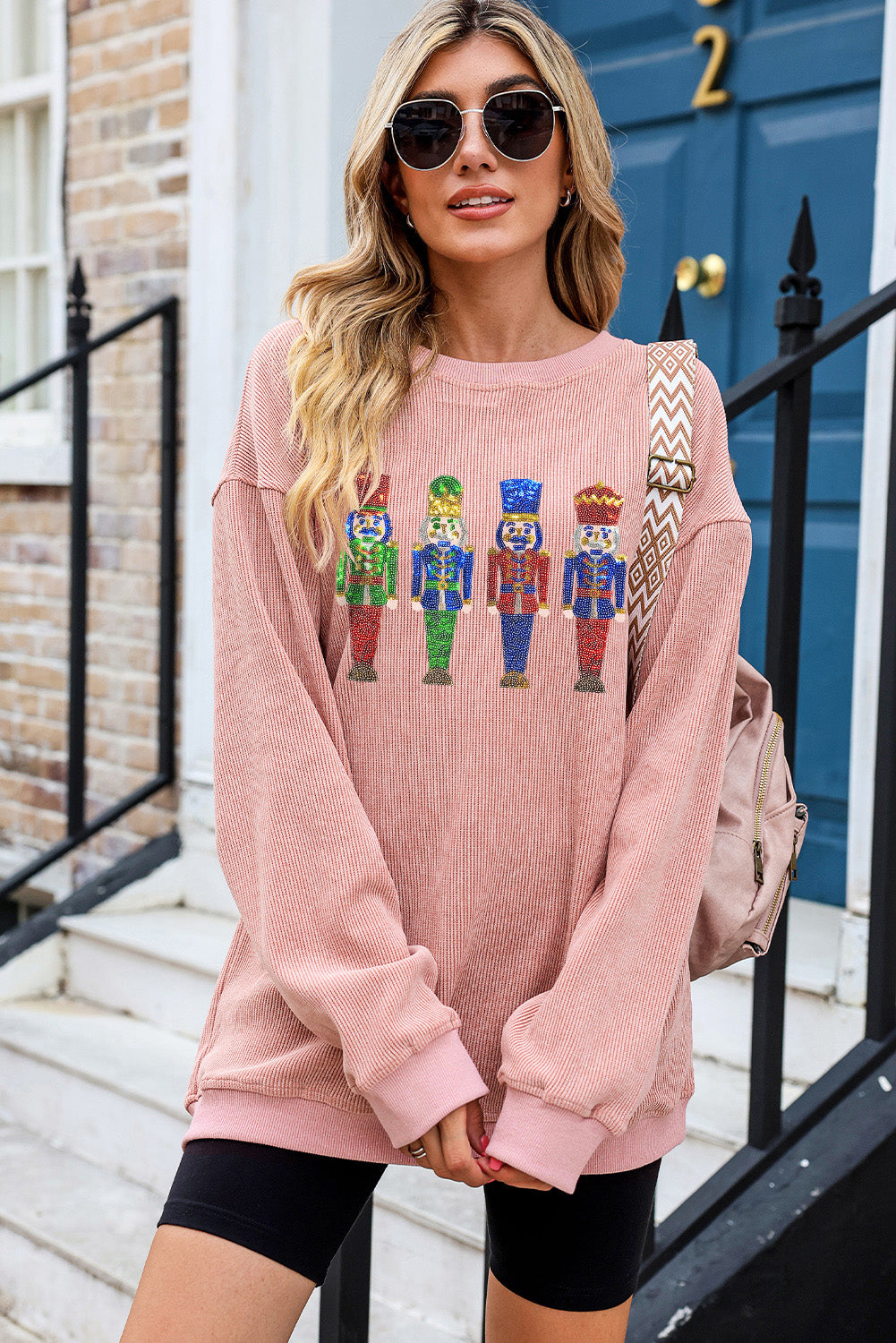 Pink Sequins Christmas Nutcracker Corded Baggy Graphic Sweatshirt