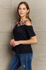 Perfee Leopard Print Round Neck Cold Shoulder Blouse