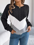 Cable-Knit Color Block Round Neck Sweater - PD SECRET REALM