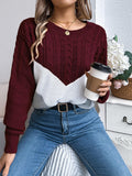 Cable-Knit Color Block Round Neck Sweater - PD SECRET REALM