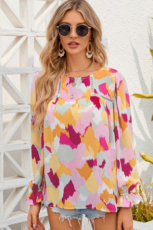 Printed Flounce Sleeve Buttoned Blouse - PD SECRET REALM