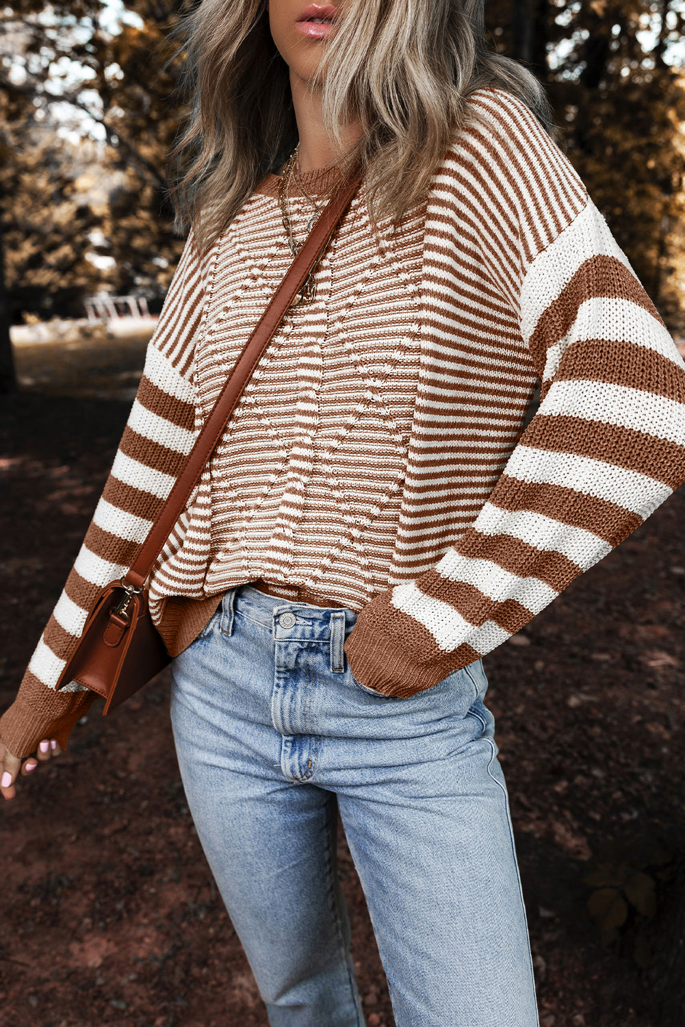 Gray Stripe Twisted Knitted Drop Shoulder Sweater