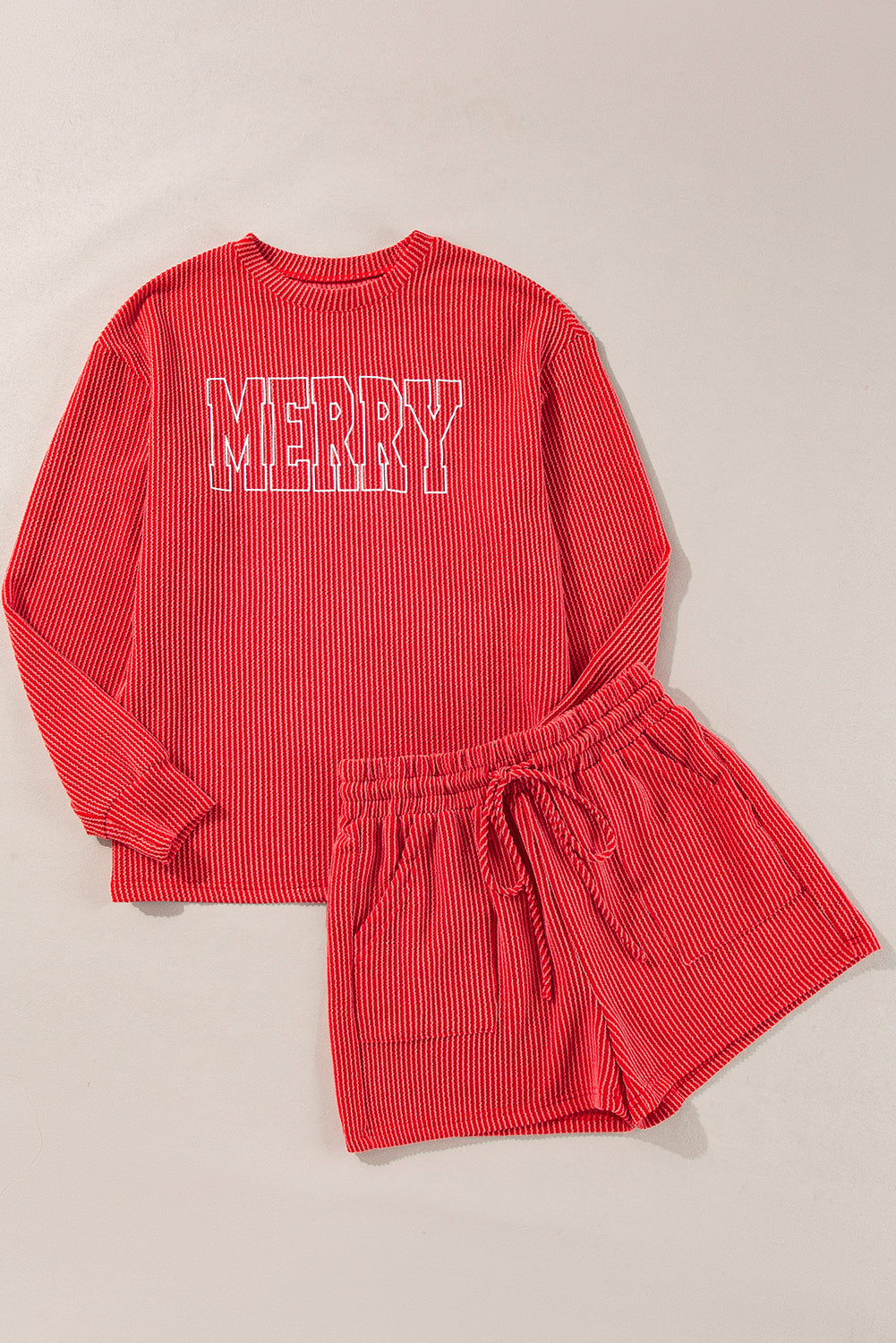 Evergreen Corded MERRY Long Sleeve Top and Shorts Pajama Set