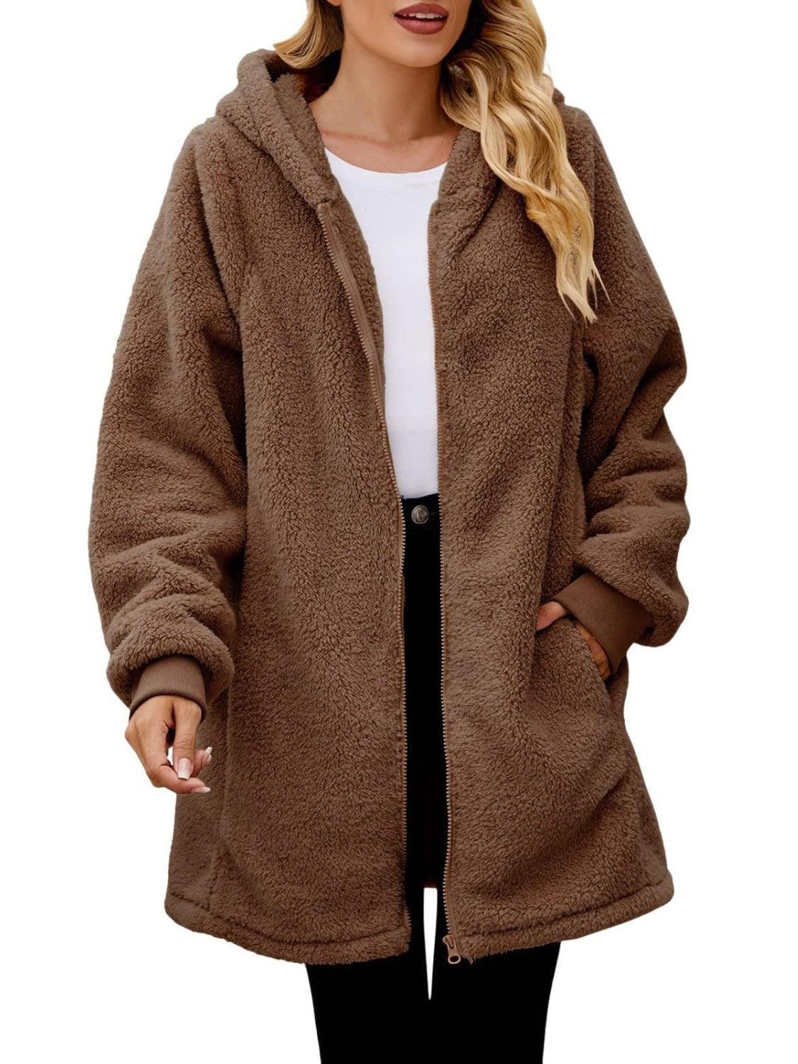 Fuzzy Pocketed Zip Up Long Sleeve Hooded Jacket - PD SECRET REALM