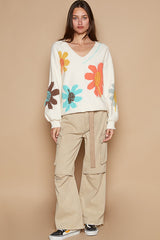 V-Neck Long Sleeve Flower Fringe Sweater