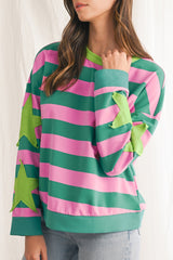 Pink Stripe Star Patchwork Round Neck Pullover Sweatshirt