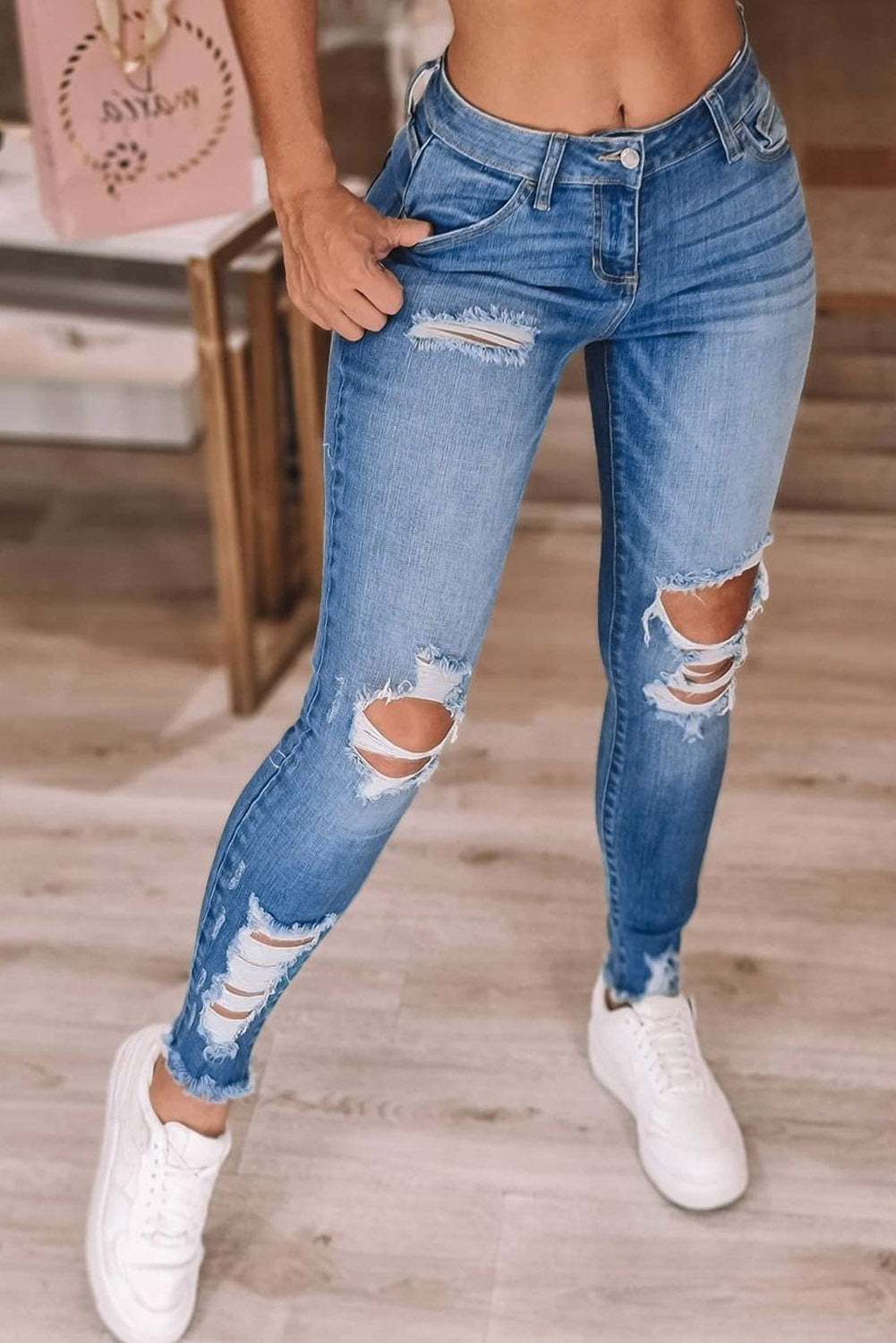 Light Blue High Waist Distressed Skinny Jeans