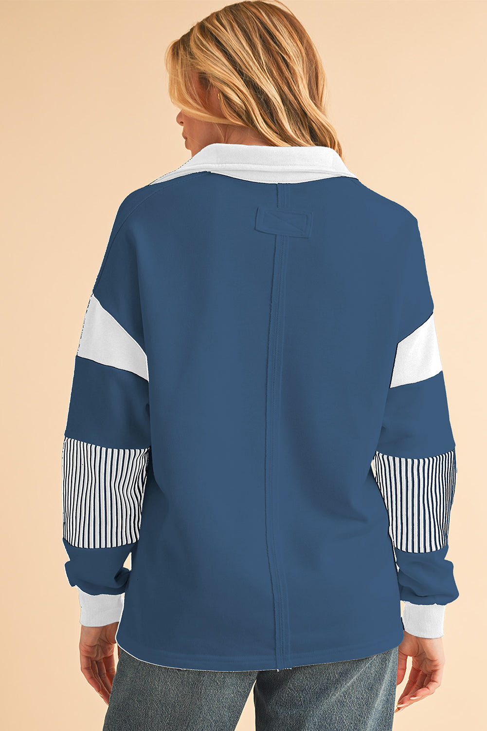 Sail Blue Striped Patchwork Collar Sweatshirt