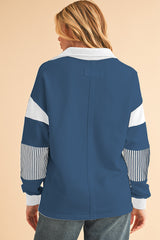 Sail Blue Striped Patchwork Collar Sweatshirt