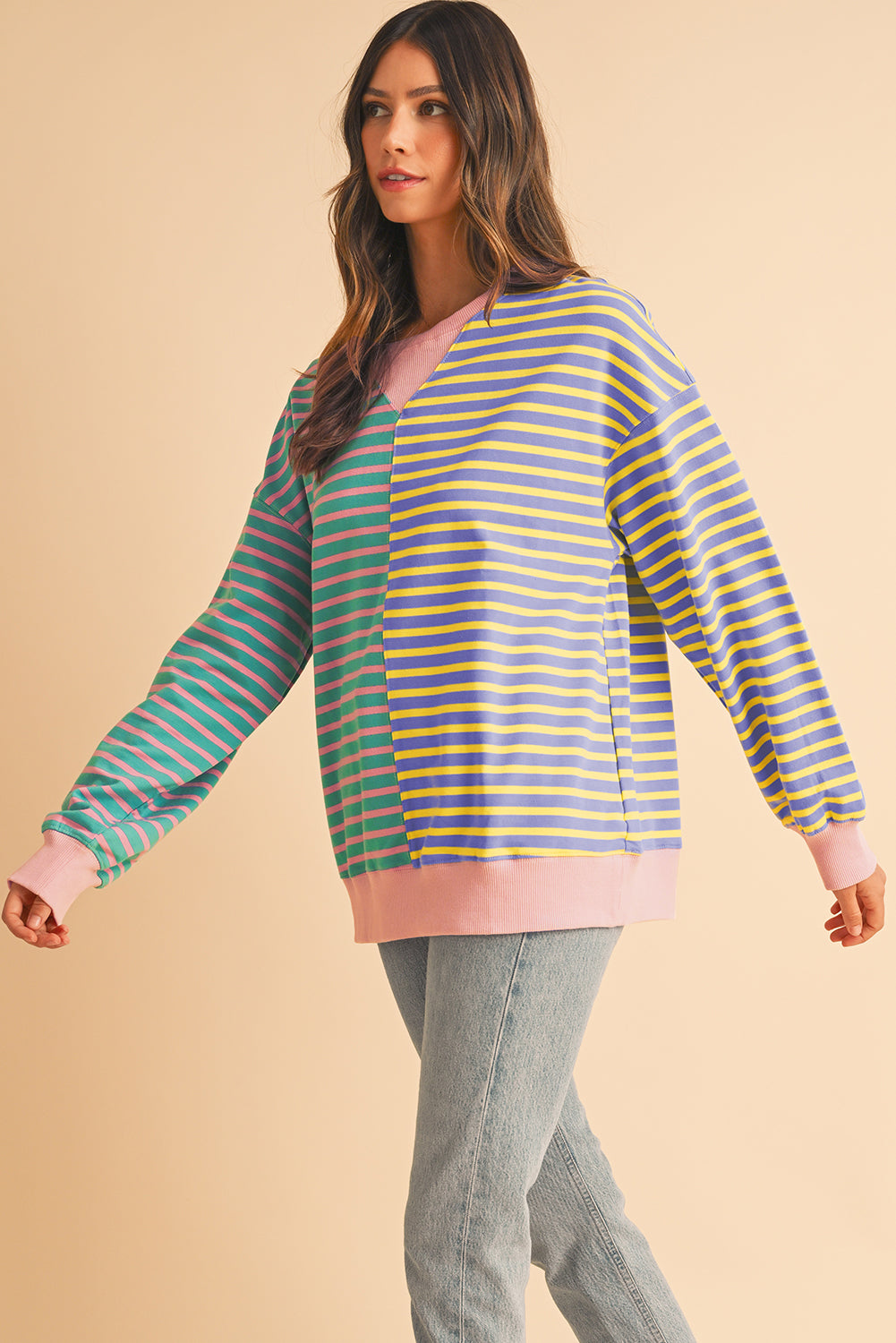 Green Stripe Colorblock Drop Shoulder Oversized Sweatshirt