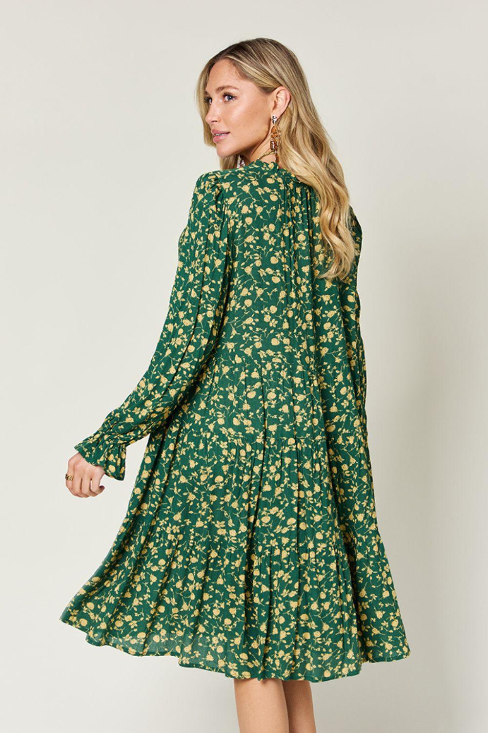 Full Size Printed Ruffle Hem Long Sleeve Tiered Dress