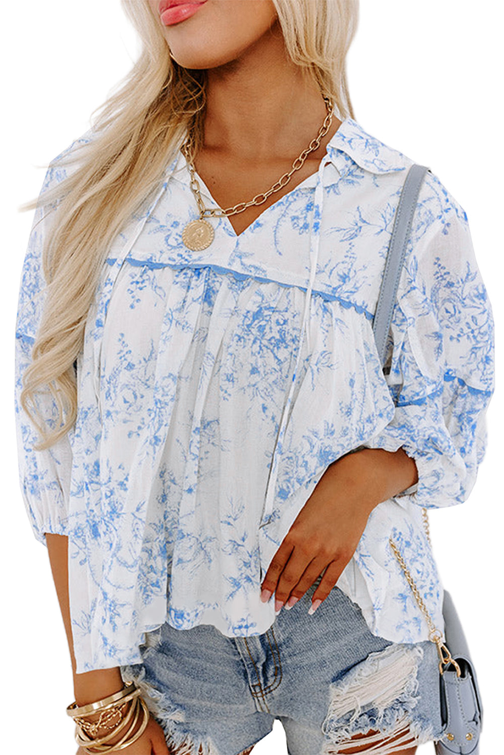 Sky Blue Floral 3/4 Sleeve Lace-up Collar Blouse