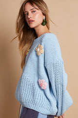 Crochet Flower Round Neck Dropped Shoulder Sweater