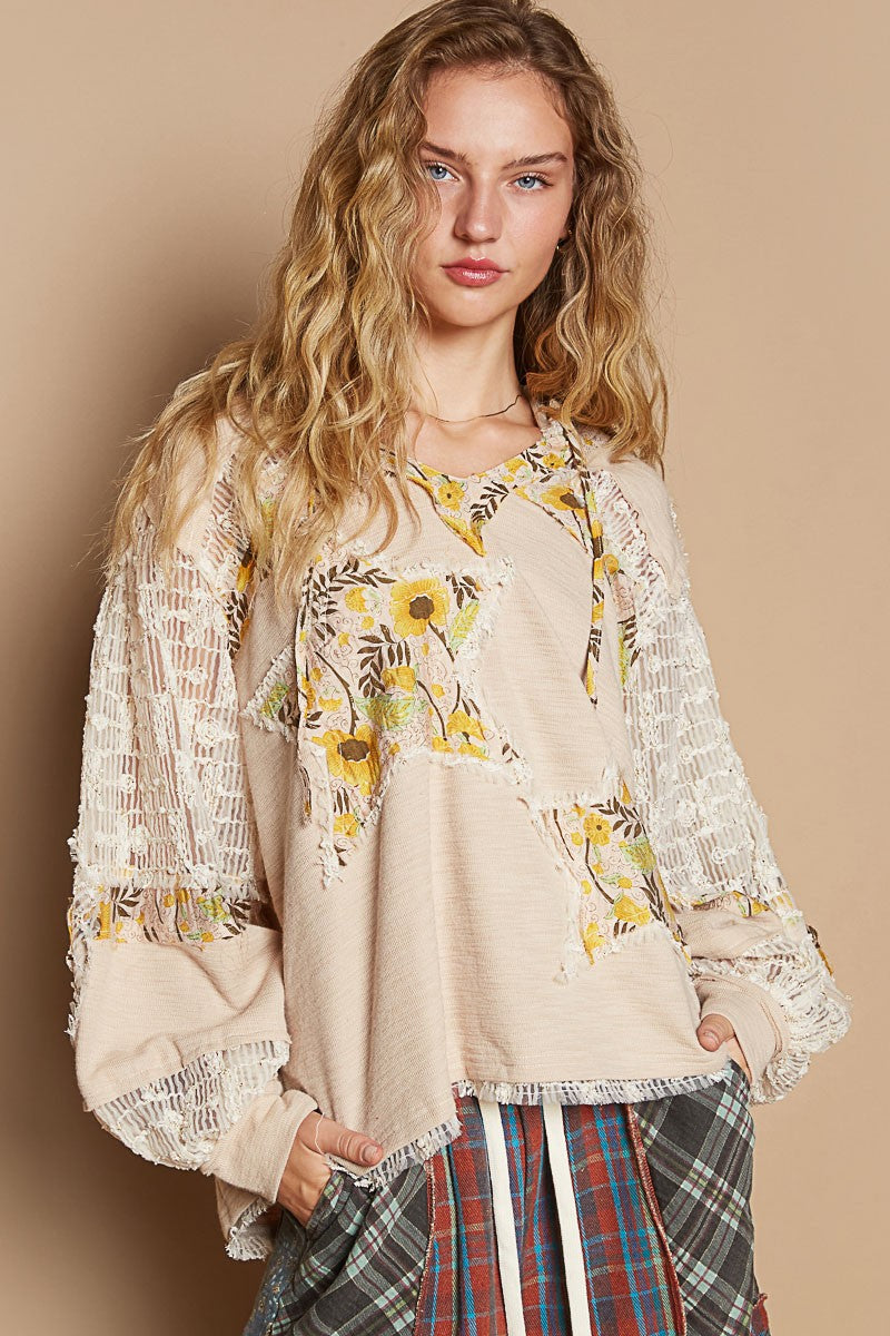 Star Patch Lace Long Sleeve Hooded Top