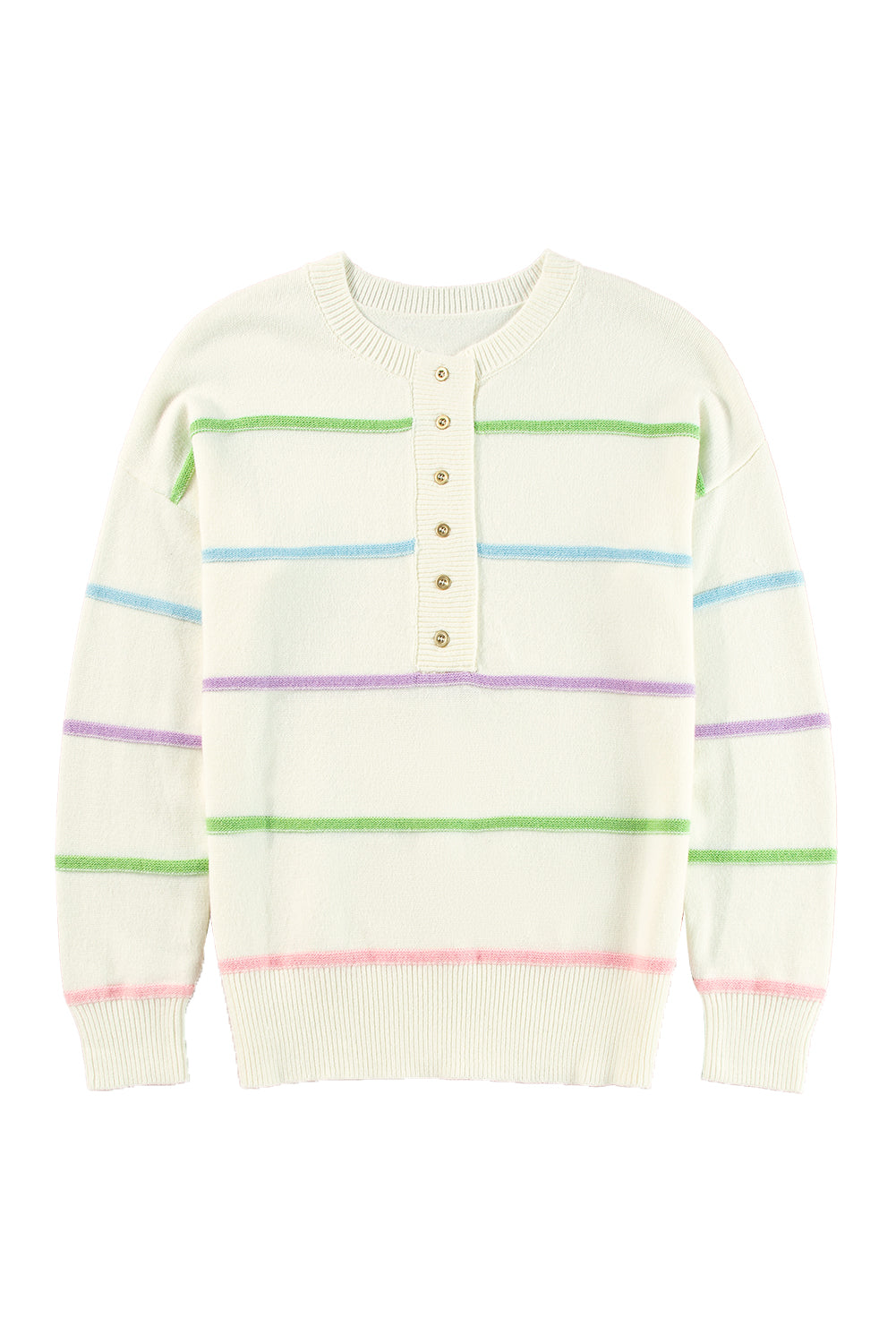 Pink Rainbow Striped Drop Sleeve Henley Sweater