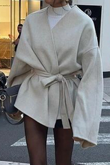 Beige Solid Color Drop Sleeve Belted Trench Coat