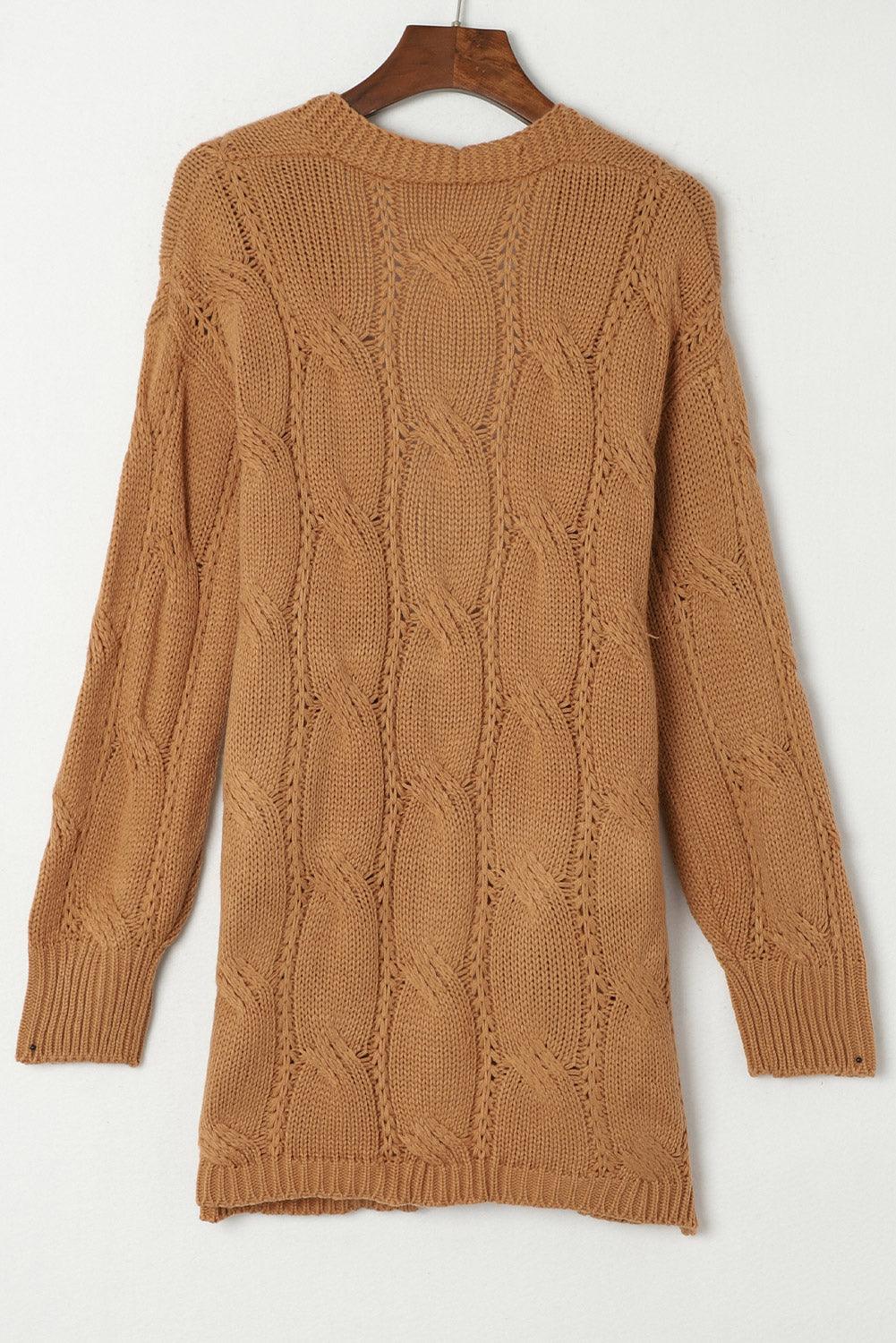 Khaki Ribbed Trim Hollow Knit Side Slits Cardigan