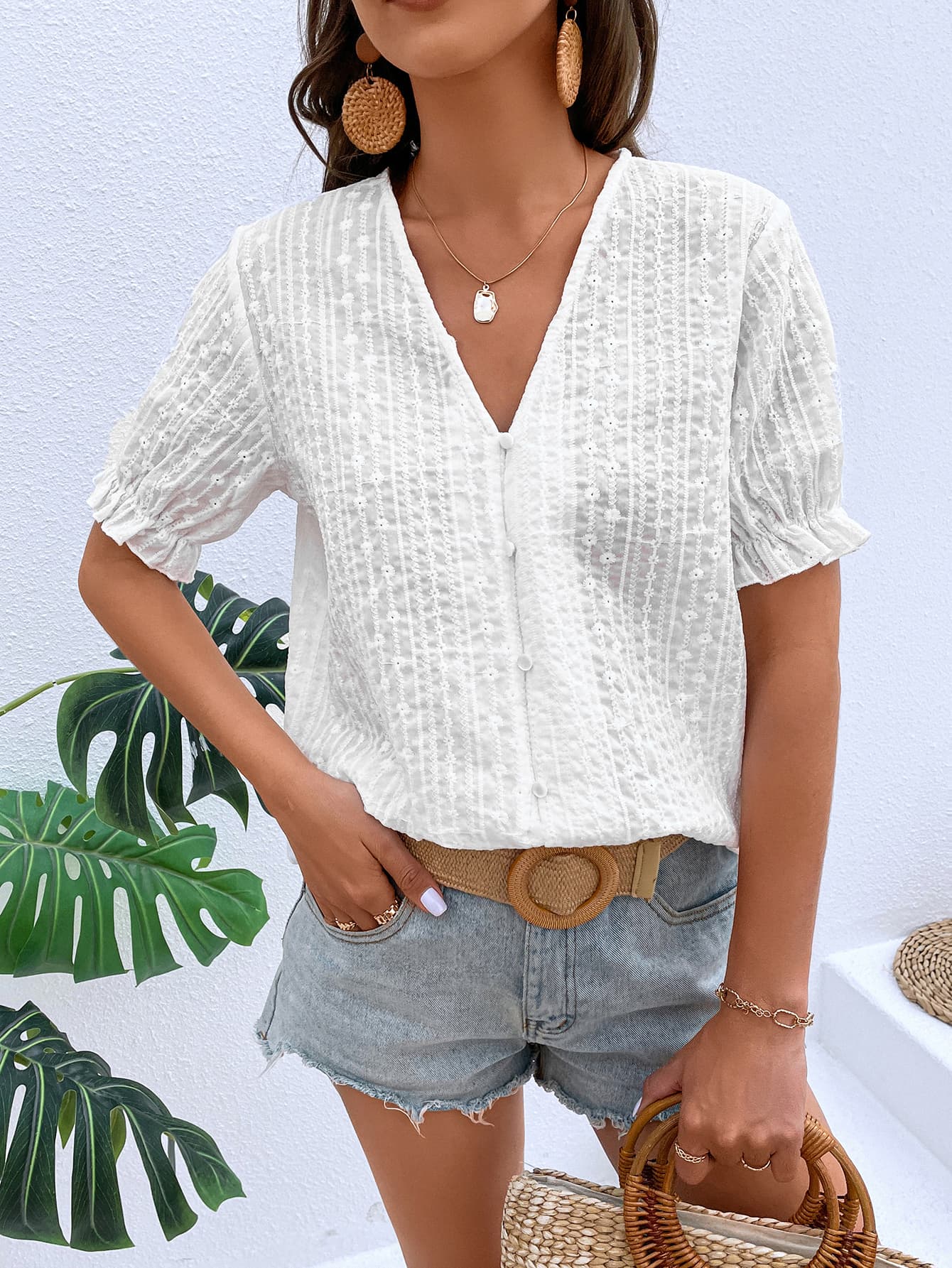 Honey Buttoned V-Neck Flounce Sleeve Top