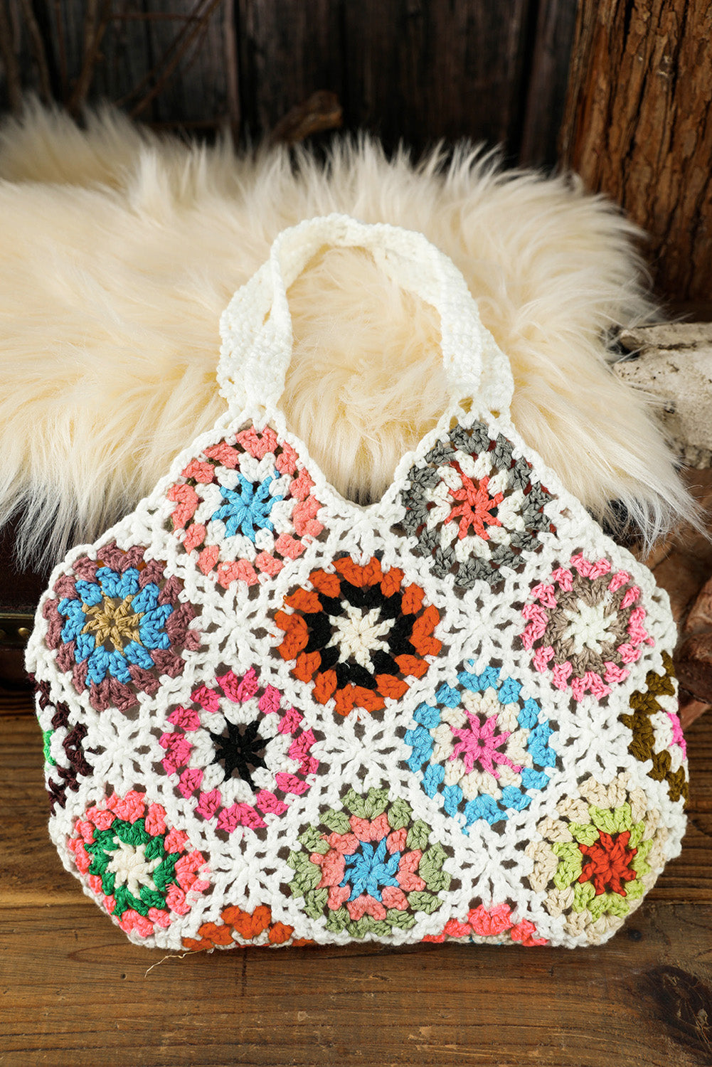 White Boho Floral Crochet Retro Hollowed Tote Bag