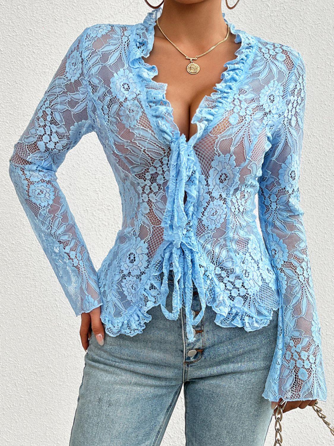 Tied V-Neck Long Sleeve Lace Top - PD SECRET REALM