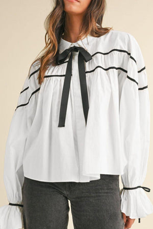 Ribbon Bowtie Collared Neck Flounce Sleeve Shirt - PD SECRET REALM