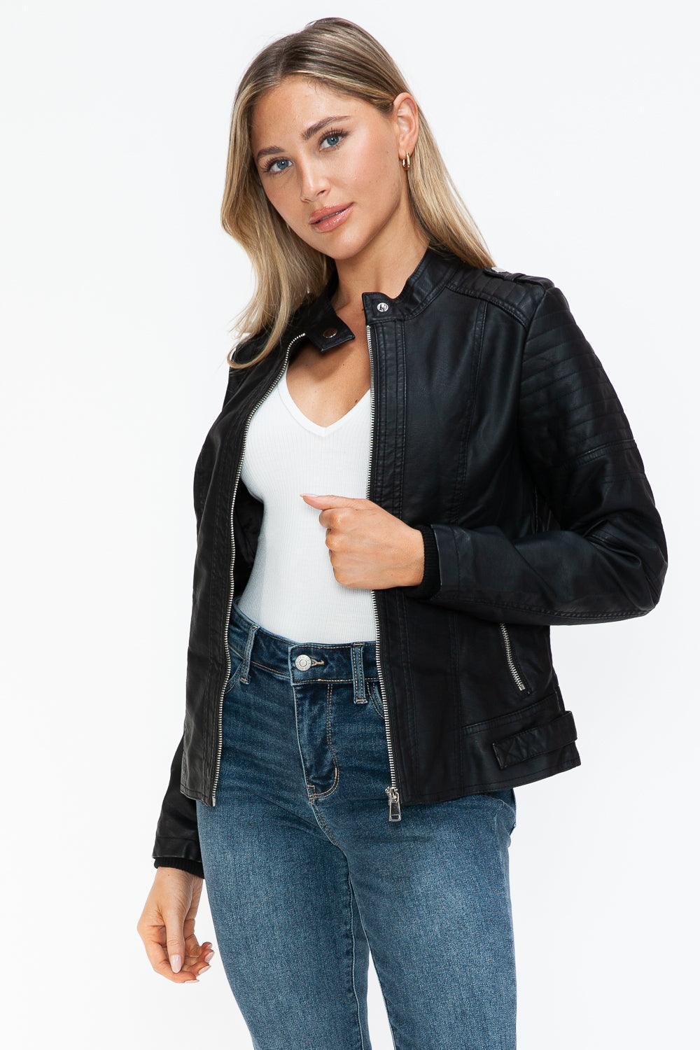 Snobbish PU Leather Biker Jacket with Side Zip Pockets - PD SECRET REALM