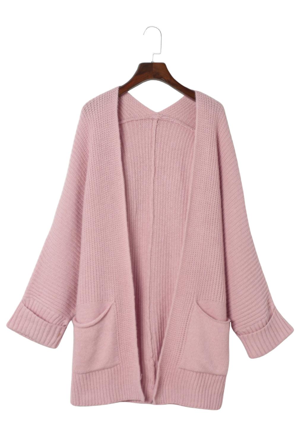 Pink Batwing Sleeve Pocket Oversized Cable Knit Cardigan