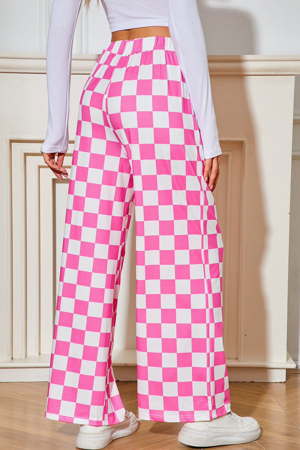 Bonbon Checkered Print High Waist Wide Leg Pants