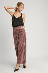 Full Size Elastic Waist Striped Wide Leg Velvet Pants