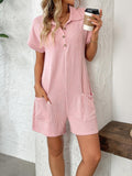 Button Detail Collared Neck Short Sleeve Romper - PD SECRET REALM