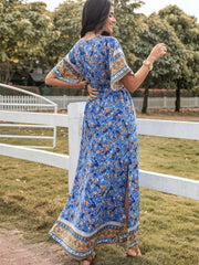 Slit Printed V-Neck Half Sleeve Maxi Dress