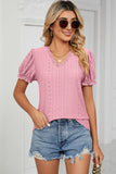 Eyelet V-Neck Short Sleeve Top - PD SECRET REALM