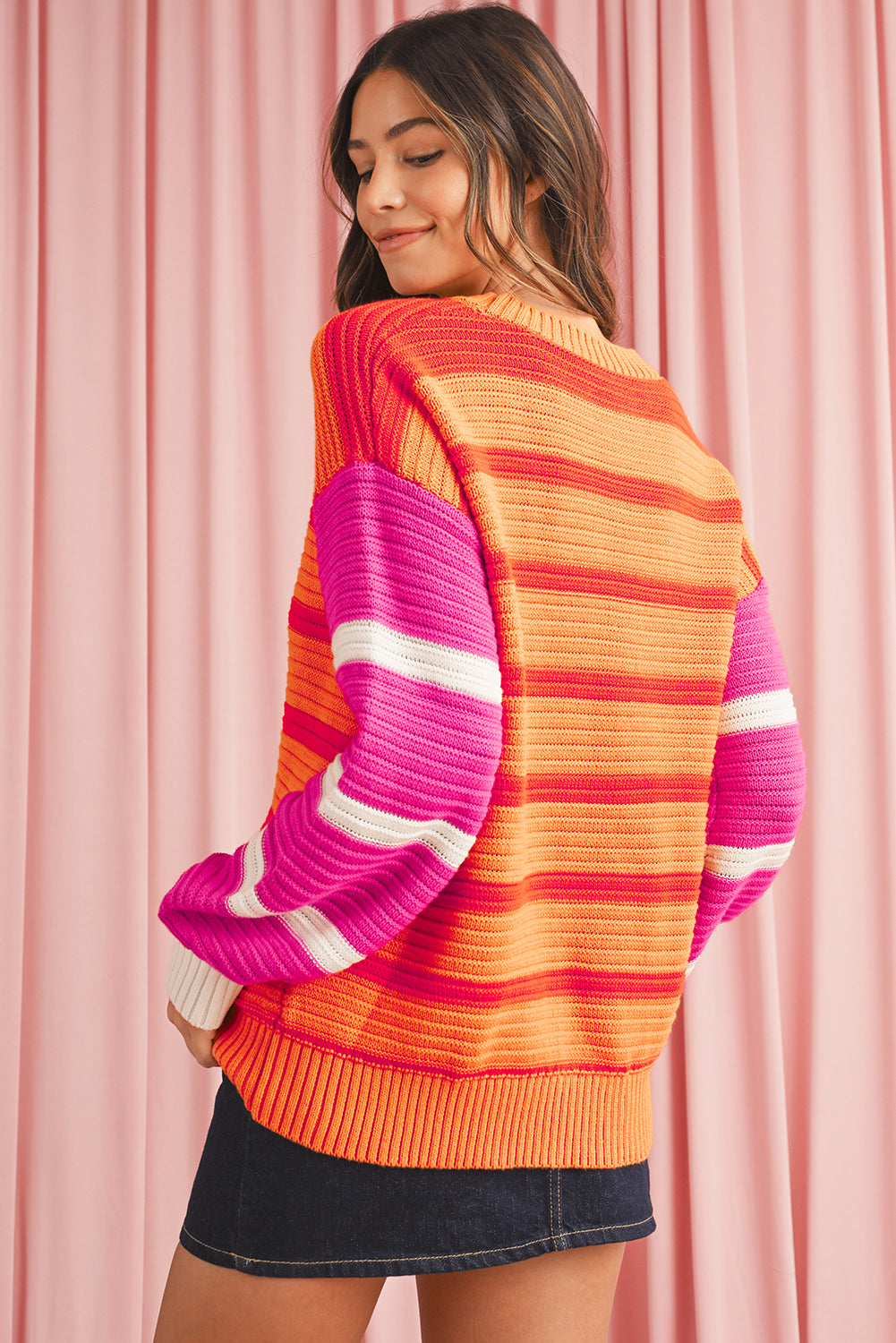 Orange Striped Colorblock Puff Sleeve Sweater