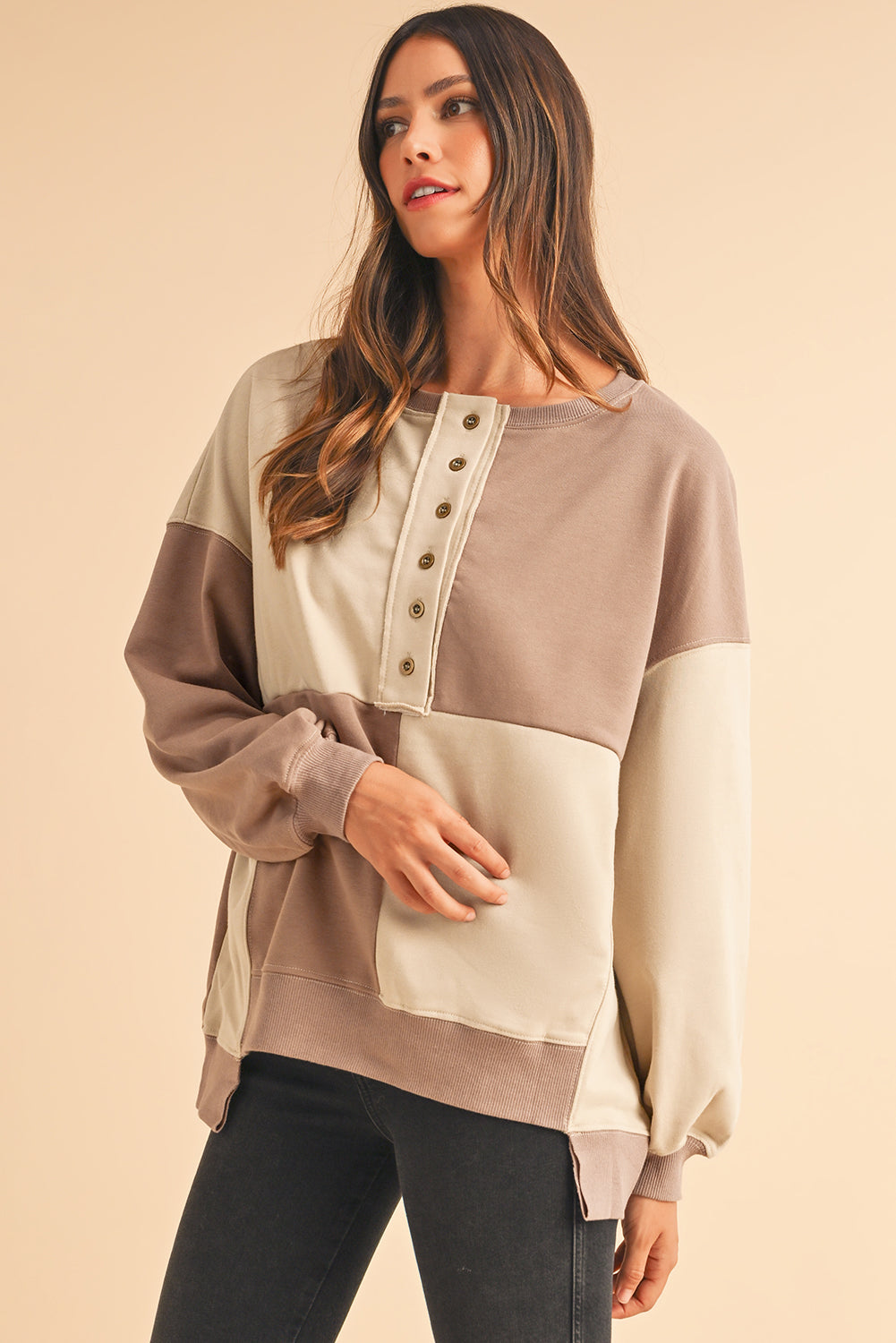 Parchment Colorblock Henley High Low Loose Sweatshirt