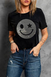 Rhinestone Smiley Round Neck Short Sleeve T-Shirt - PD SECRET REALM