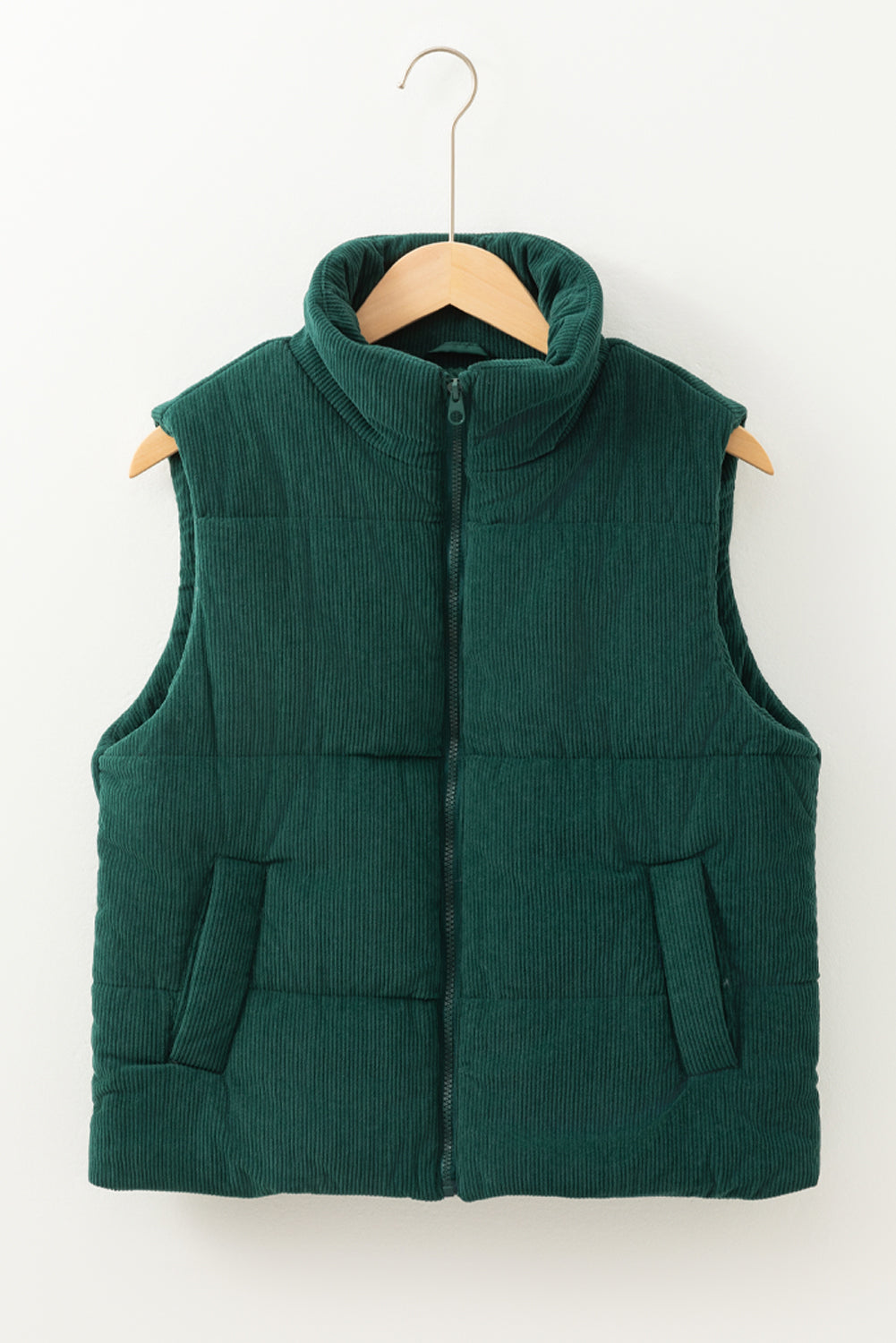 Coffee Solid Color Corduroy Puffer Vest Coat