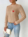 Cable-Knit Heart Round Neck Long Sleeve Sweater - PD SECRET REALM