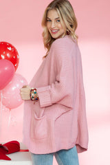 Pink Batwing Sleeve Pocket Oversized Cable Knit Cardigan