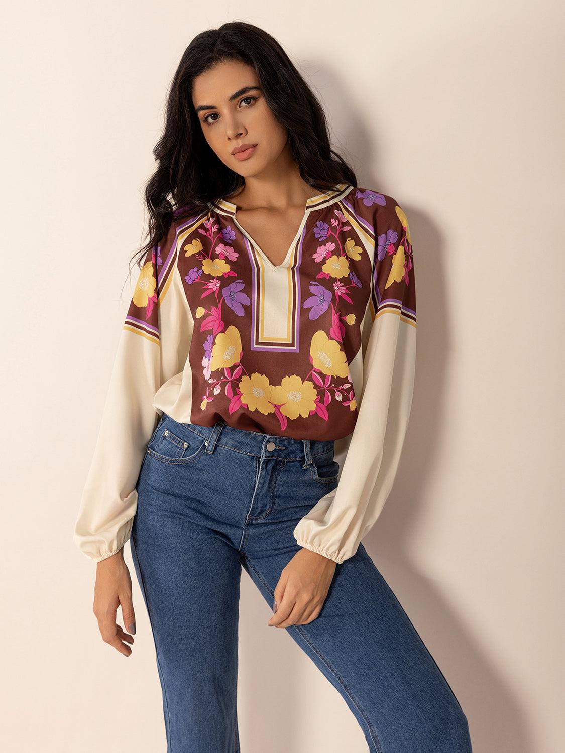 Printed Notched Long Sleeve Blouse - PD SECRET REALM