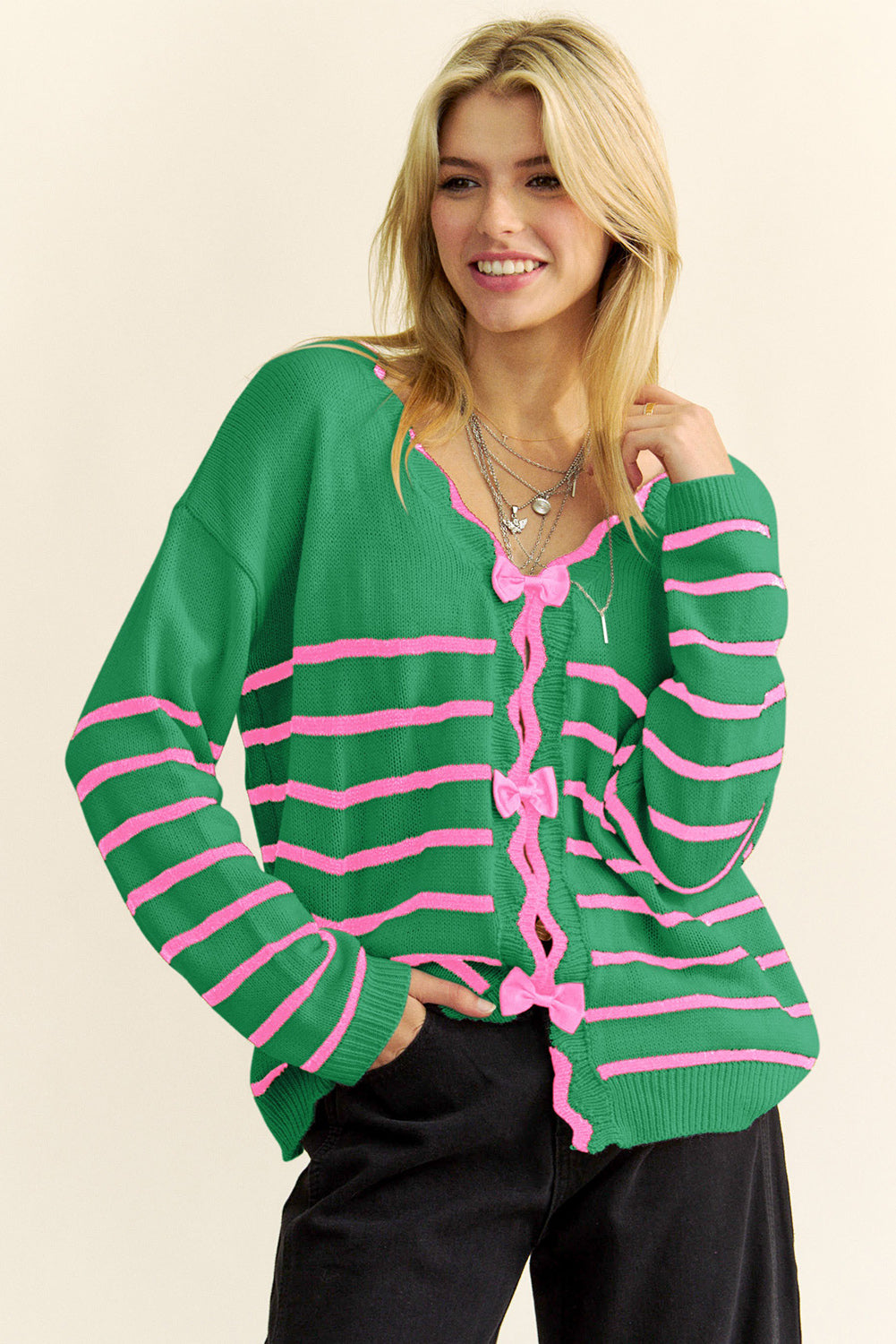 Green Stripe Non-detachable Bow Drop Sleeve Cardigan