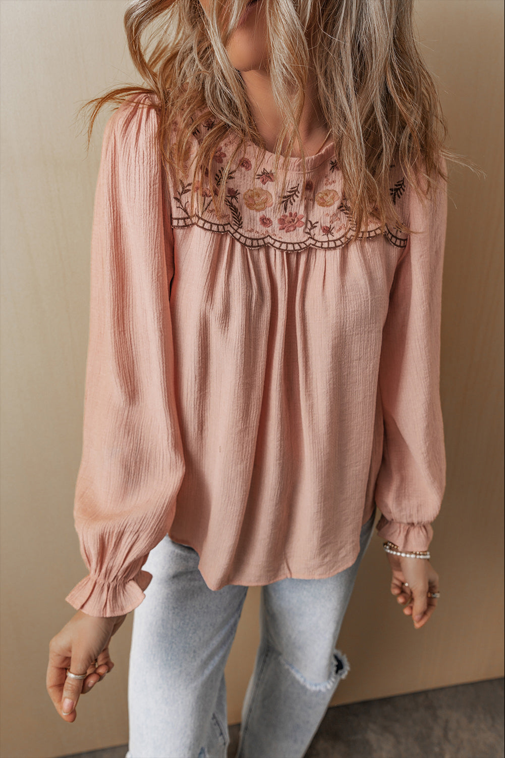 Gossamer Pink Floral Embroidered Crinkle Blouse