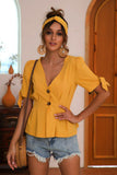 Buttoned V-Neck Short Sleeve Blouse - PD SECRET REALM