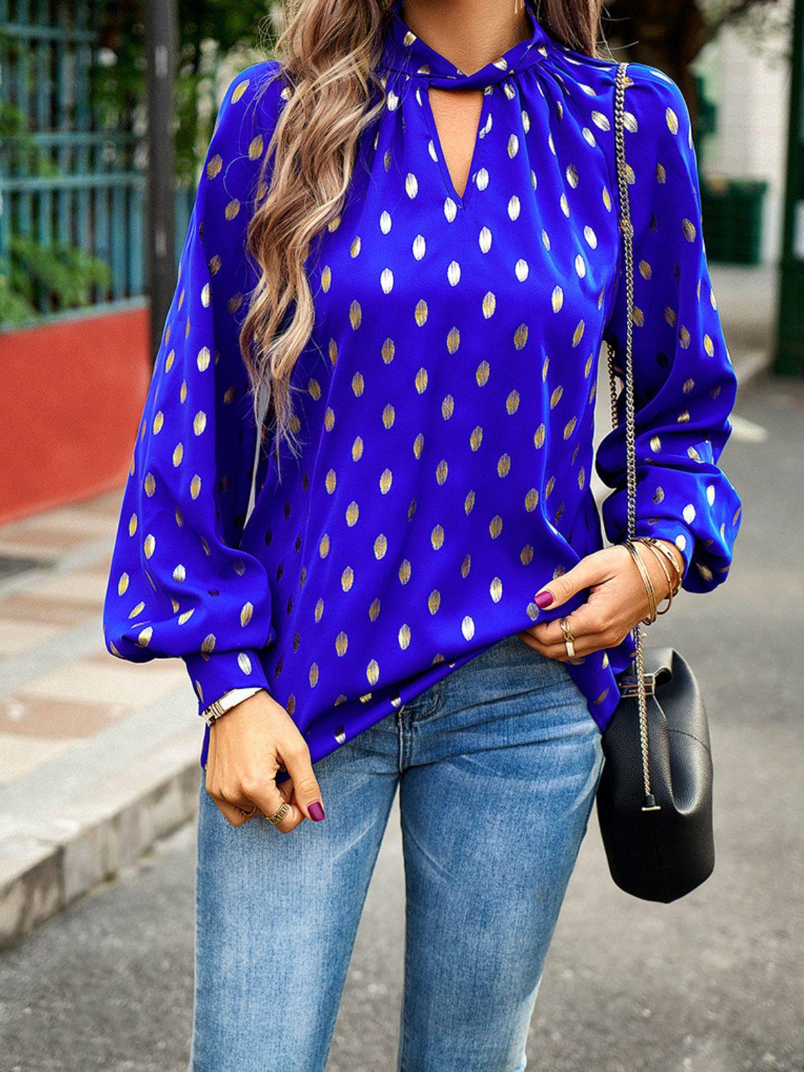 Devine Mock Neck Cutout Lantern Sleeve Blouse